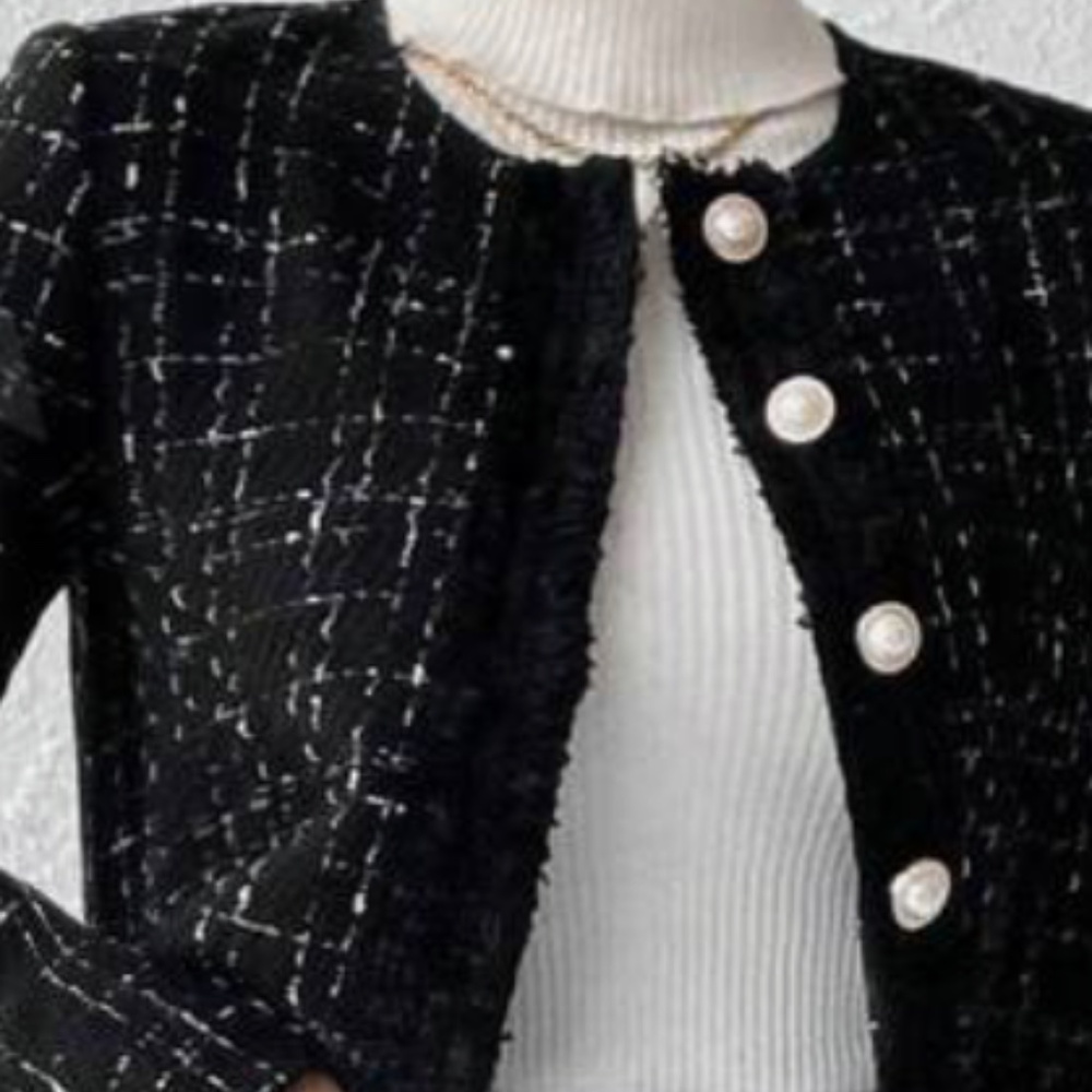 Classic Tweed Button Crop Jacket Midi Frayed Hem Skirt Set - Picture 7 of 10